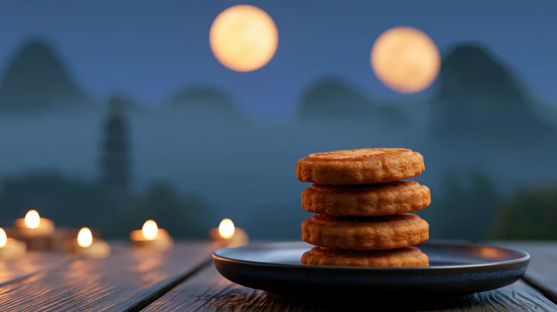 Four traditional chinese mooncakes stacked on a dark ceramic plate on a wooden table with lit candles and a night sky with full moons and silhouetted mountains in the background