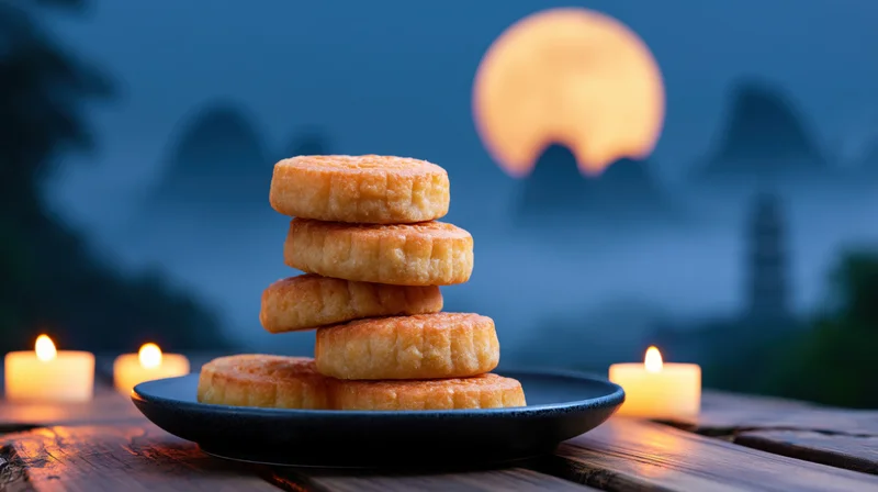 Stacked traditional chinese mooncakes on dark ceramic plate with lit candles on wooden table at night under full moon