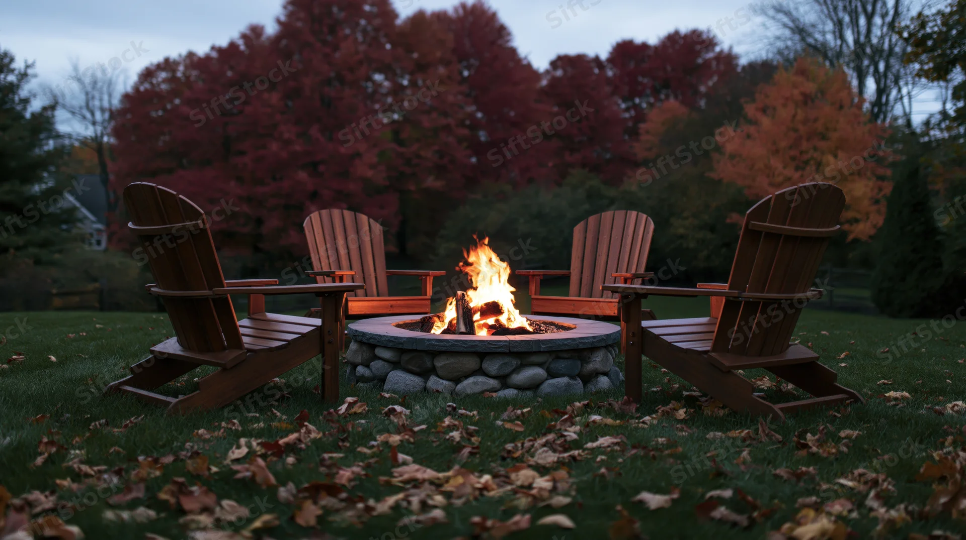 Four wooden adirondack chairs arranged around a stone firepit in a grassy backyard at twilight with autumn foliage in the background