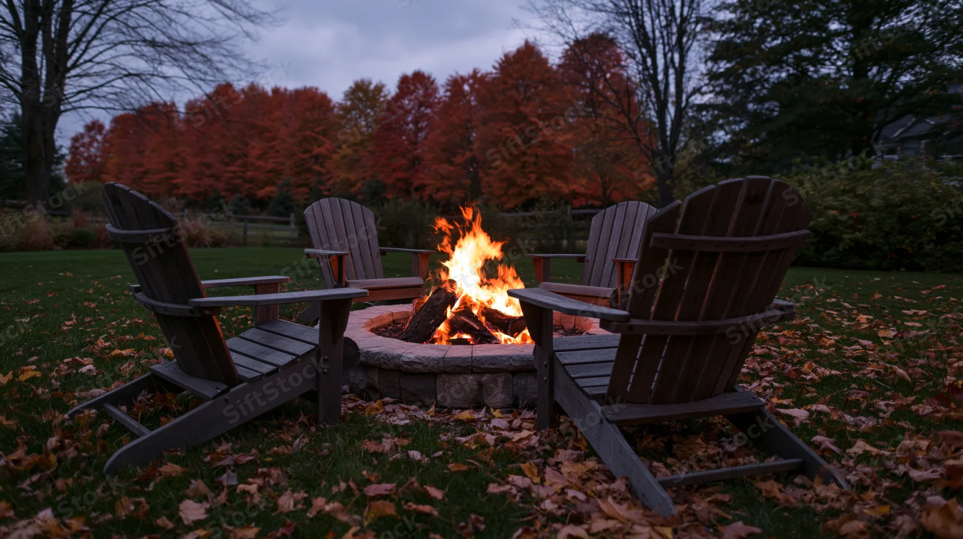 Four wooden adirondack chairs arranged around a stone firepit in a leaf-covered backyard at twilight