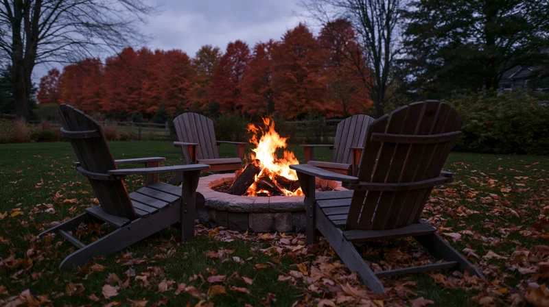 Four wooden adirondack chairs arranged around a stone firepit in a leaf-covered backyard at twilight