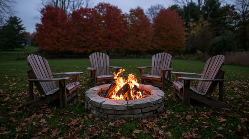 Four wooden adirondack chairs arranged around a stone firepit in a grassy yard with autumn trees and fallen leaves at twilight