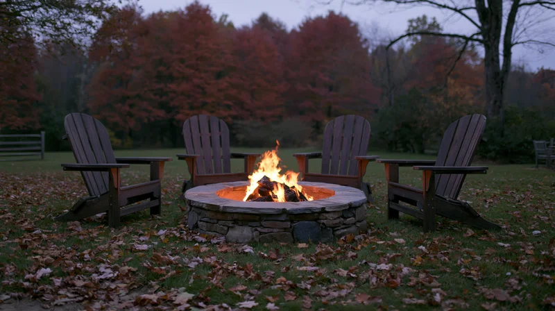 Four adirondack chairs arranged around a stone firepit in a leaf-strewn backyard at dusk