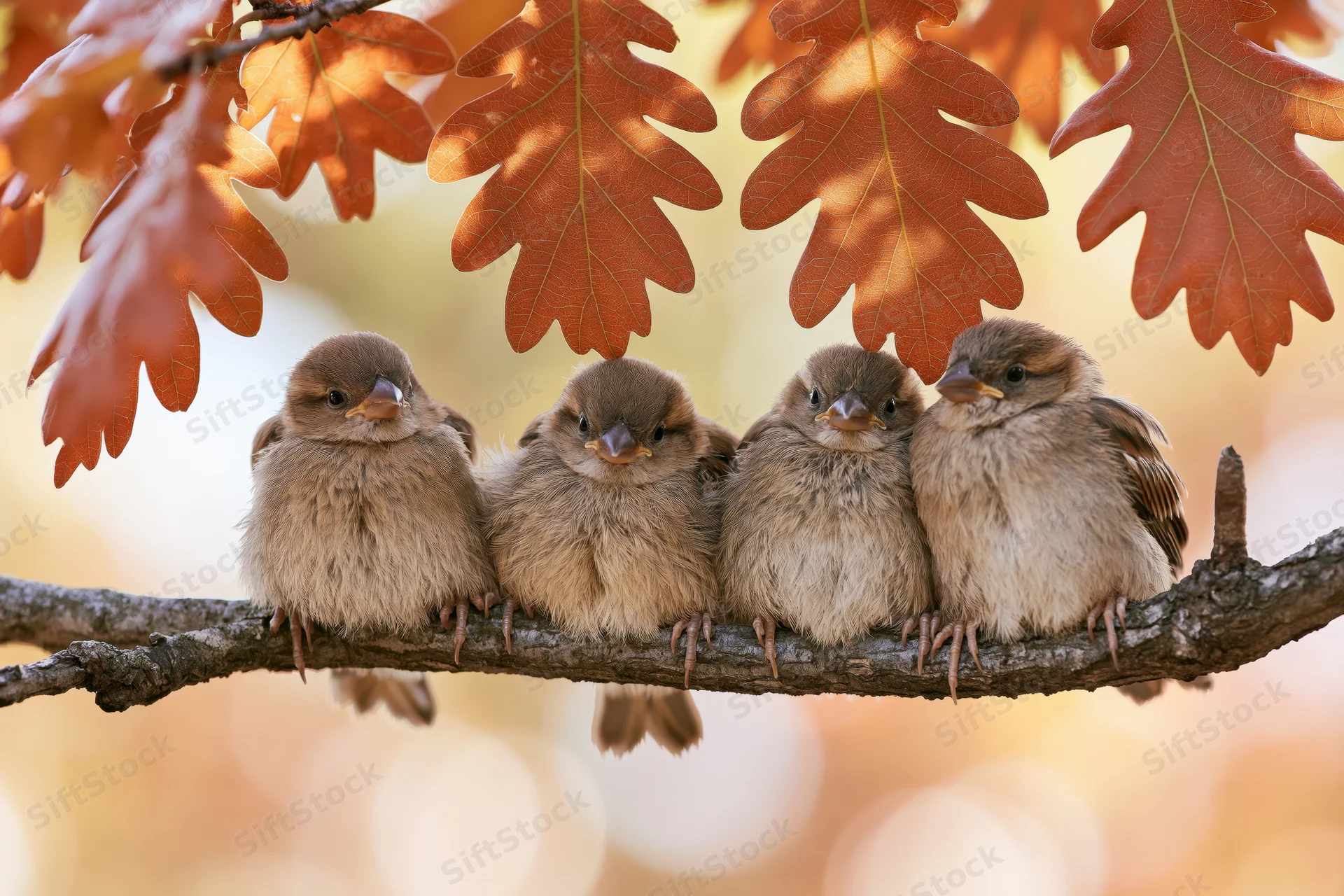 Four young sparrows huddled together on a bare oak branch in autumn foliage