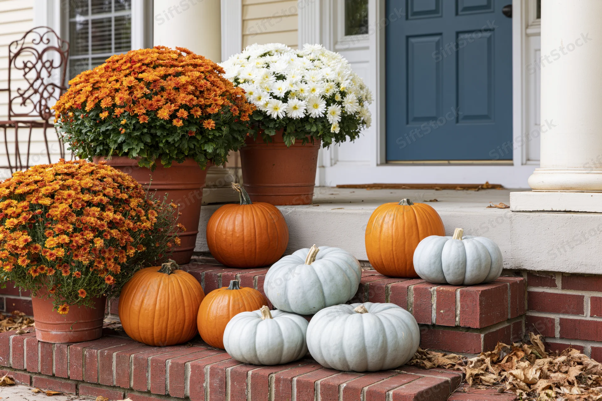 Pumpkins and potted mums arranged on brick steps of a suburban home porch for autumn decoration