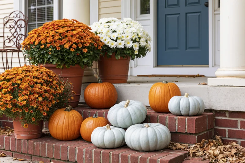 Pumpkins and potted mums arranged on brick steps of a suburban home porch for autumn decoration