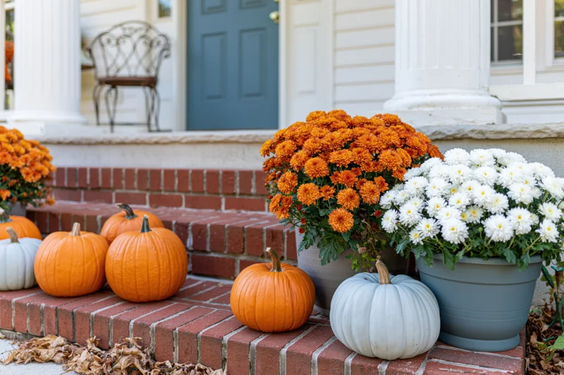 Pumpkins and potted mums arranged on brick steps of a suburban home porch