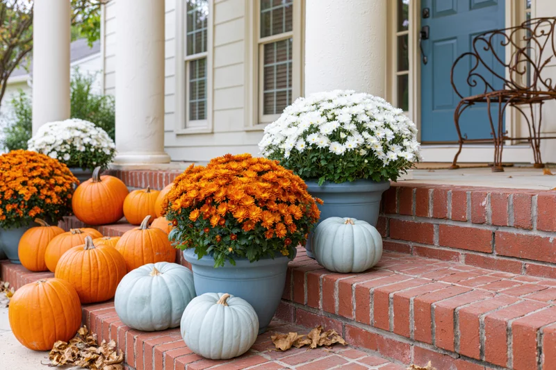 Autumn-decorated front porch with pumpkins and potted mums on brick steps