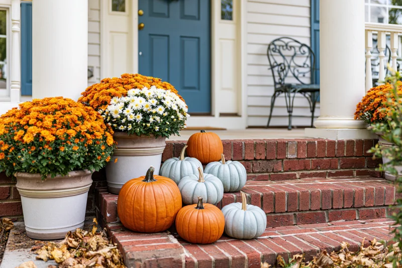 Pumpkins and potted mums arranged on brick steps of a suburban home porch for autumn decoration
