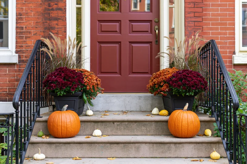 Autumn-decorated front stoop of a brick townhouse with pumpkins and mums on the steps