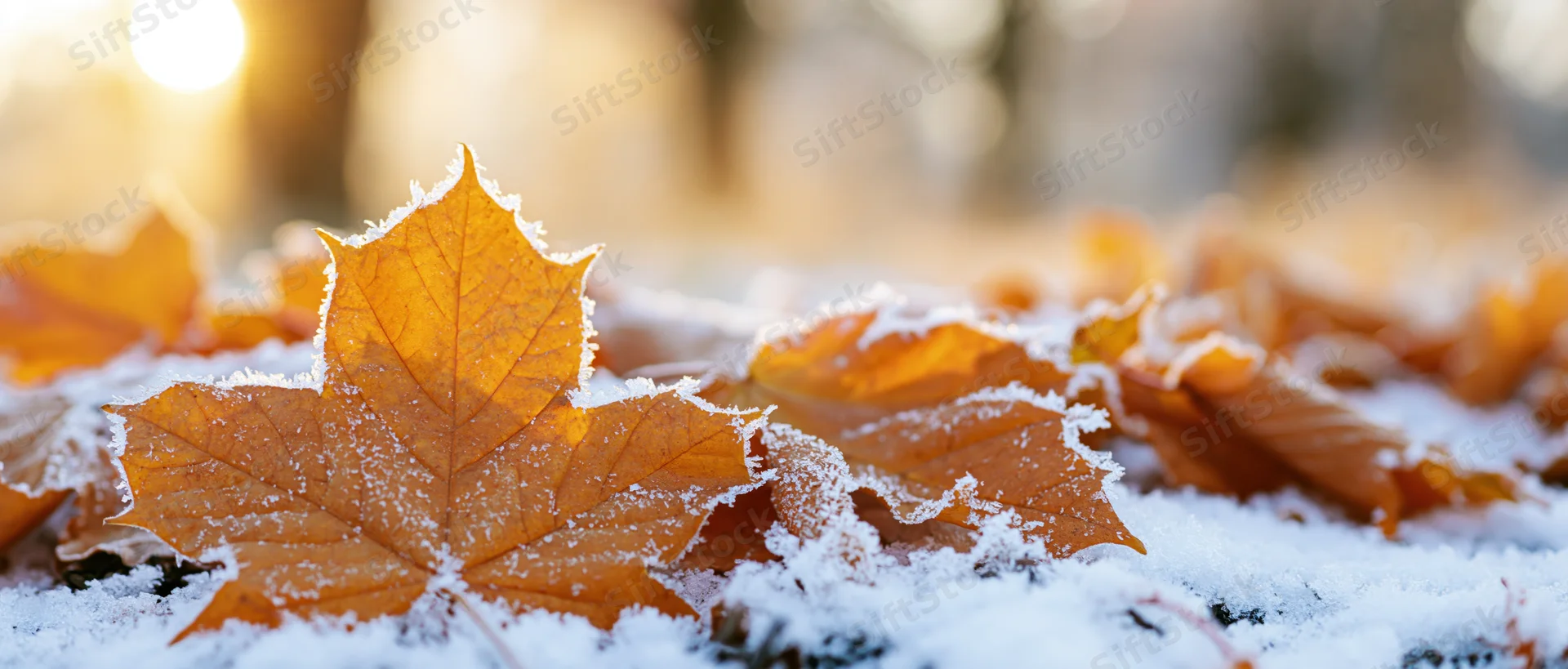 Frost-covered maple leaf resting on snow-dusted ground in autumn forest at sunrise