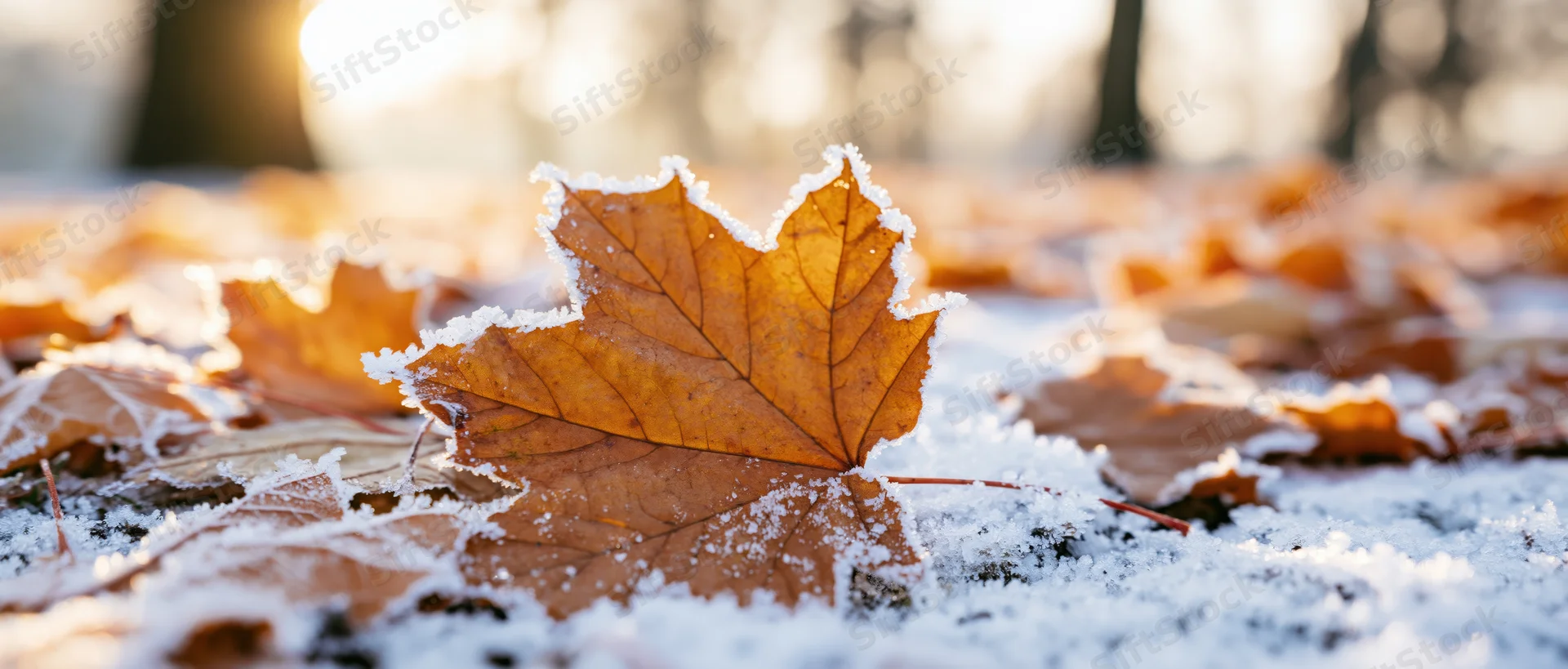Frost-covered maple leaf resting on snow-dusted ground in autumn forest