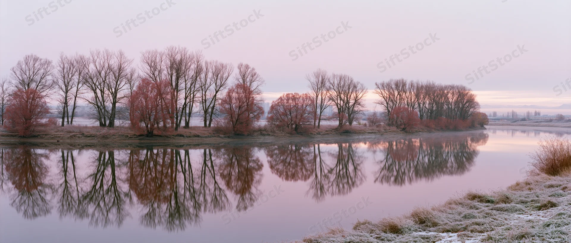 Frost-covered riverbank at sunrise with bare trees reflected in calm water