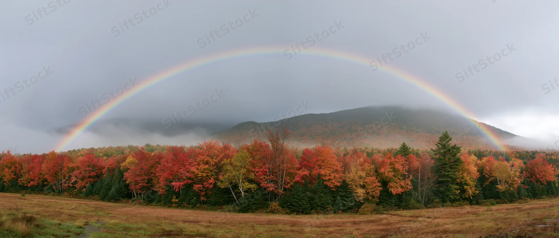 Double rainbow arching over autumn forest with red and orange foliage under misty mountains