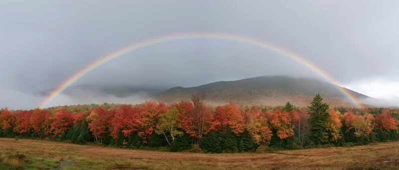 Double rainbow arching over autumn forest with red and orange foliage under misty mountains