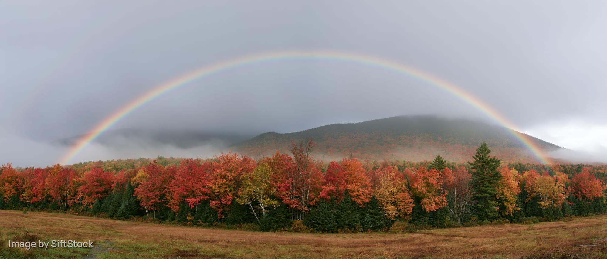 Double rainbow arching over autumn forest with red and orange foliage under misty mountains