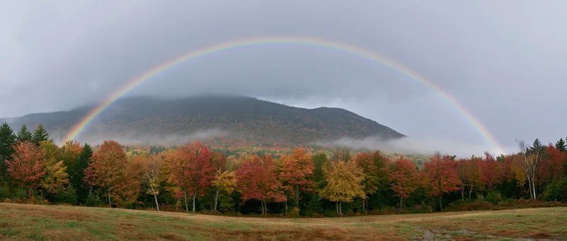 Double rainbow arching over autumn forest with misty mountains in background