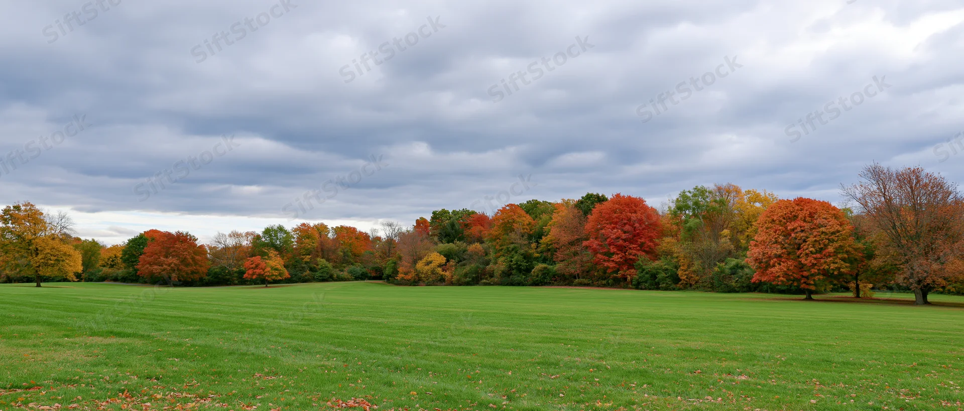Gently rolling green lawn bordered by colorful autumn trees under cloudy sky