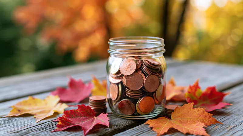 Glass jar filled with coins surrounded by autumn leaves on a wooden table outdoors