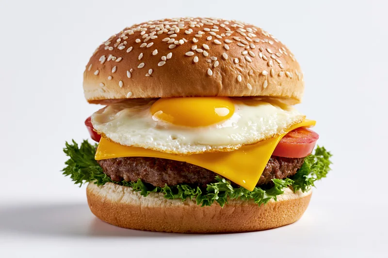 Beef cheeseburger topped with sunny-side-up fried egg and cheese on sesame bun with lettuce and tomato, isolated on white background