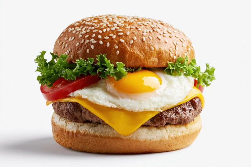 Beef cheeseburger topped with sunny-side-up fried egg and fresh vegetables on sesame seed bun