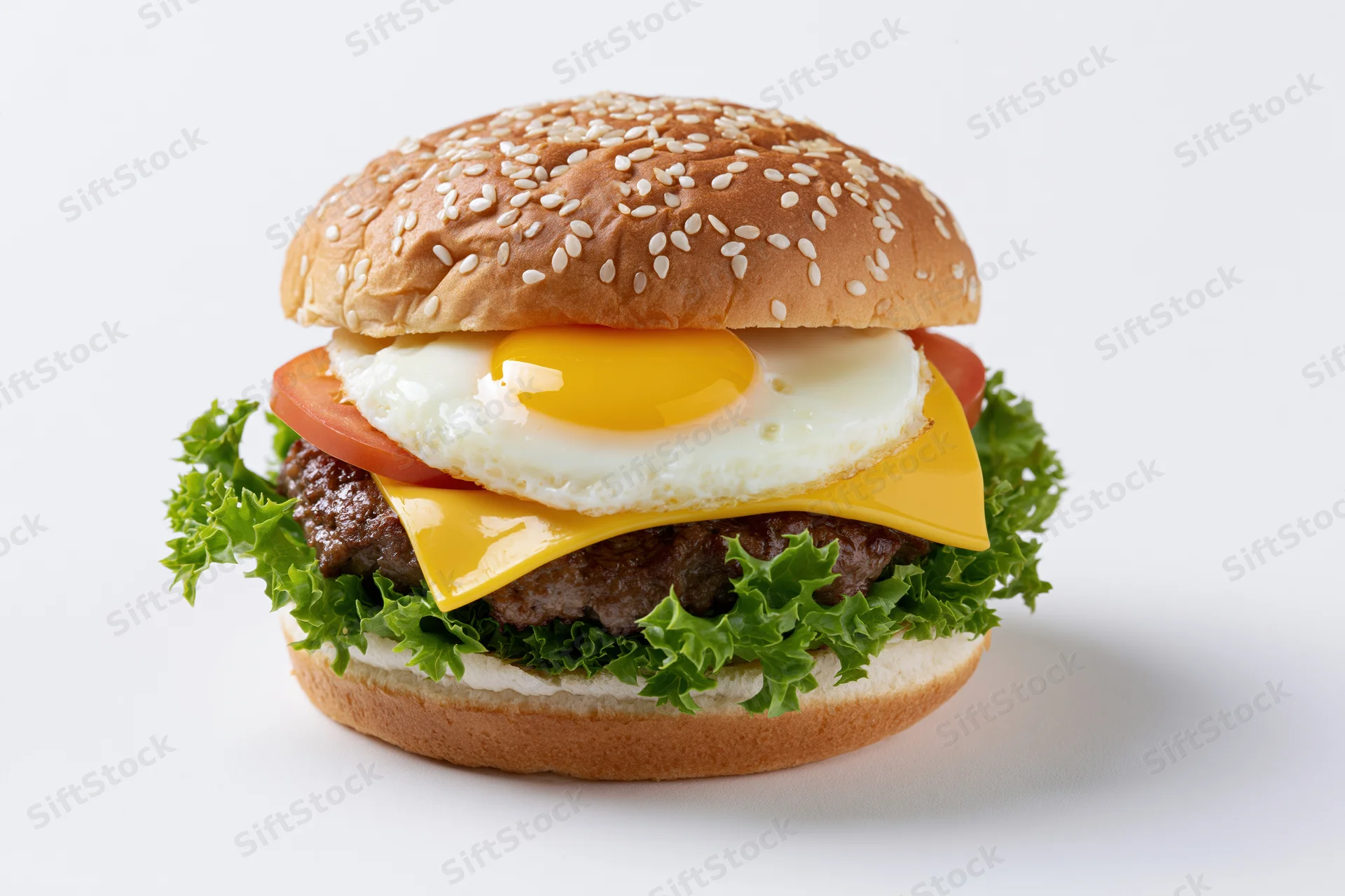 Beef cheeseburger topped with sunny-side-up fried egg and lettuce on sesame seed bun, isolated on white background