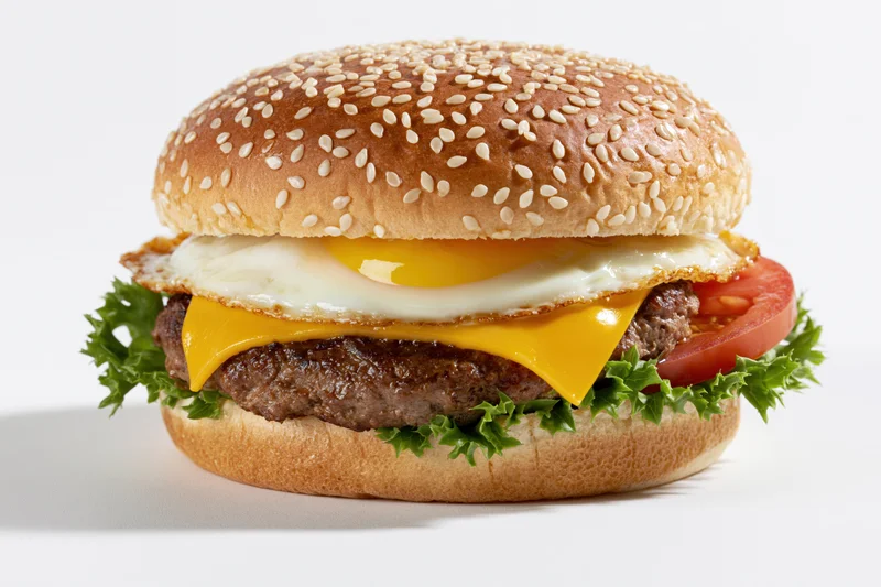 Beef cheeseburger with sunny-side-up egg on sesame bun, layered with cheese, lettuce and tomato, isolated on white background