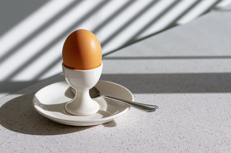 Brown boiled egg in white ceramic eggcup on saucer with spoon on speckled countertop in daylight