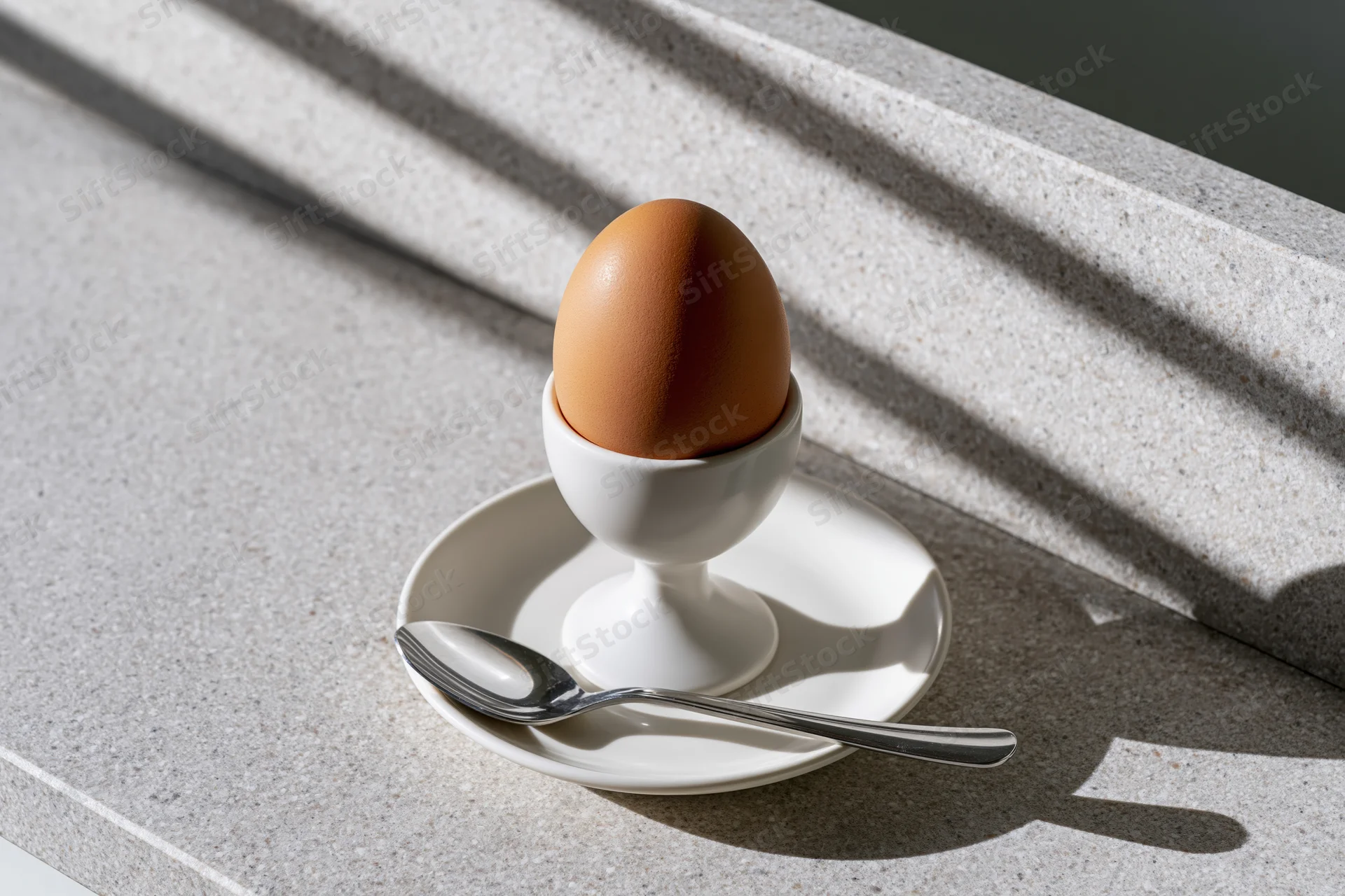 Brown boiled egg in white ceramic eggcup on plate with spoon on stone countertop in sunlight