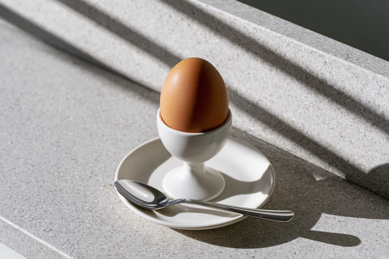 Brown boiled egg in white ceramic eggcup on plate with spoon on stone countertop in sunlight