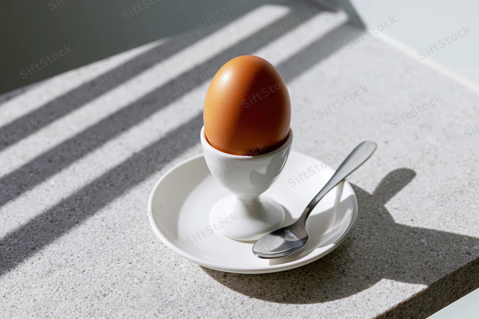 Brown boiled egg in white ceramic eggcup on plate with spoon on countertop in sunlight
