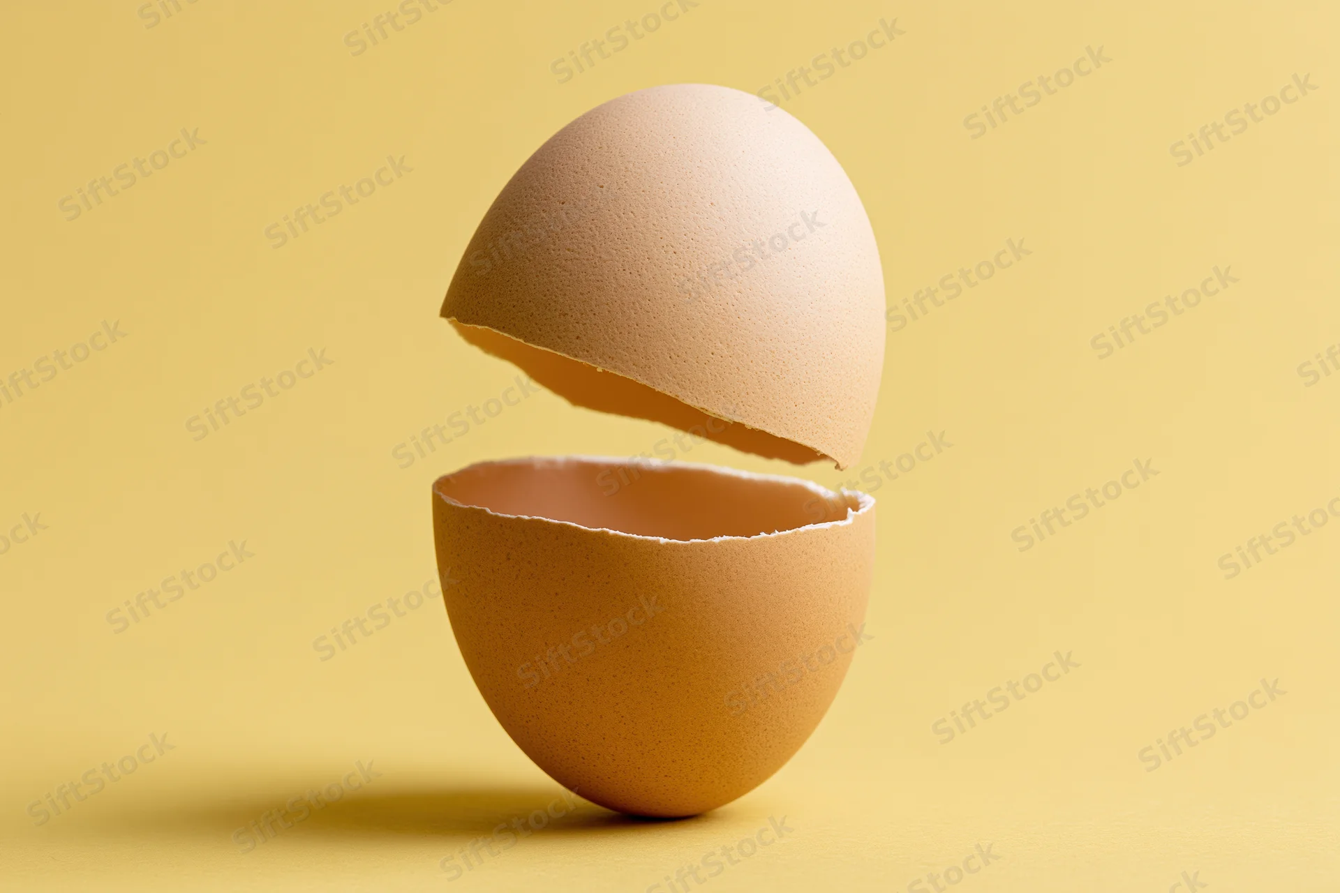 Brown chicken egg cracked horizontally in half with top shell hovering above bottom half on yellow background