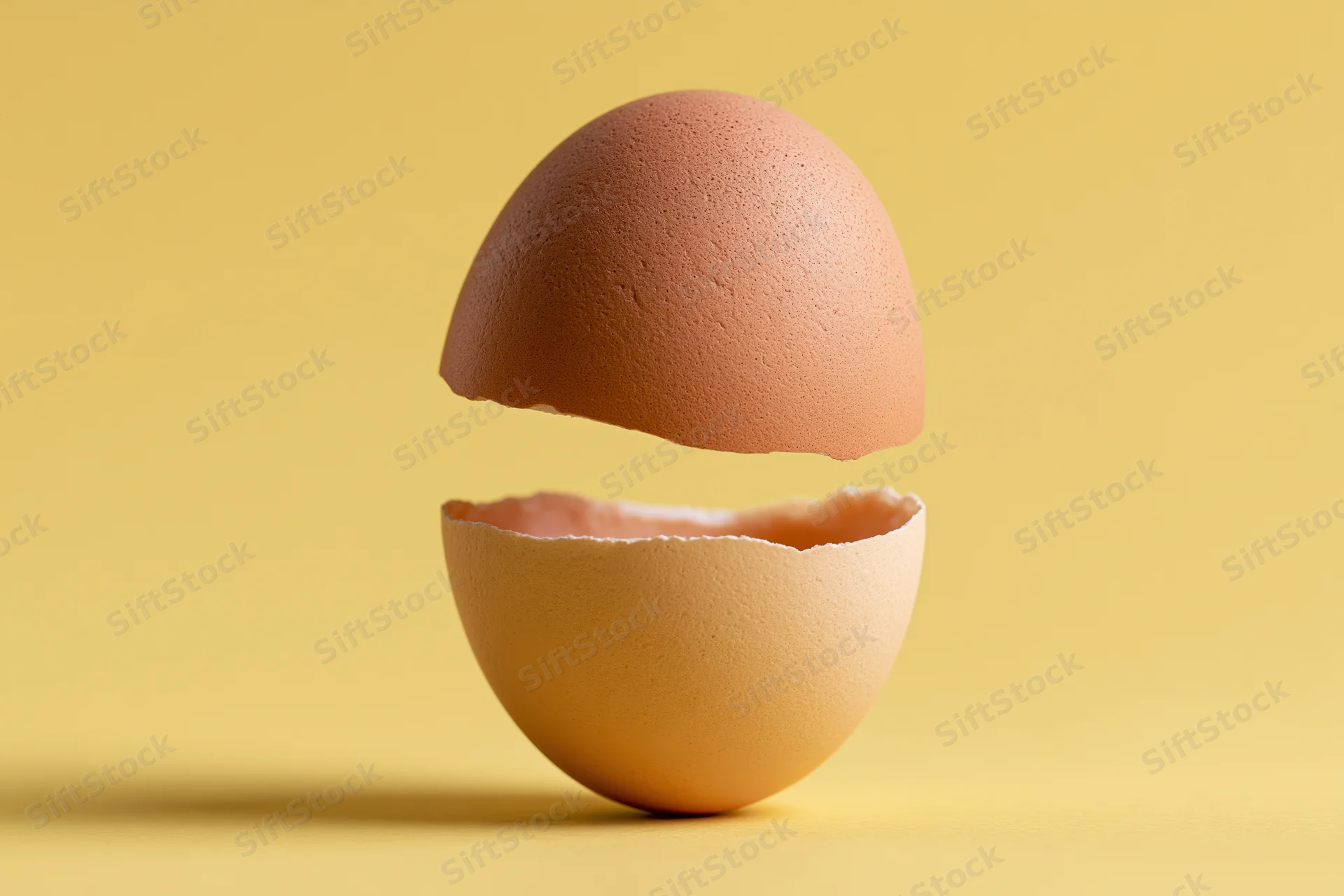 Brown chicken egg cracked horizontally in half with top shell floating above bottom half on yellow surface