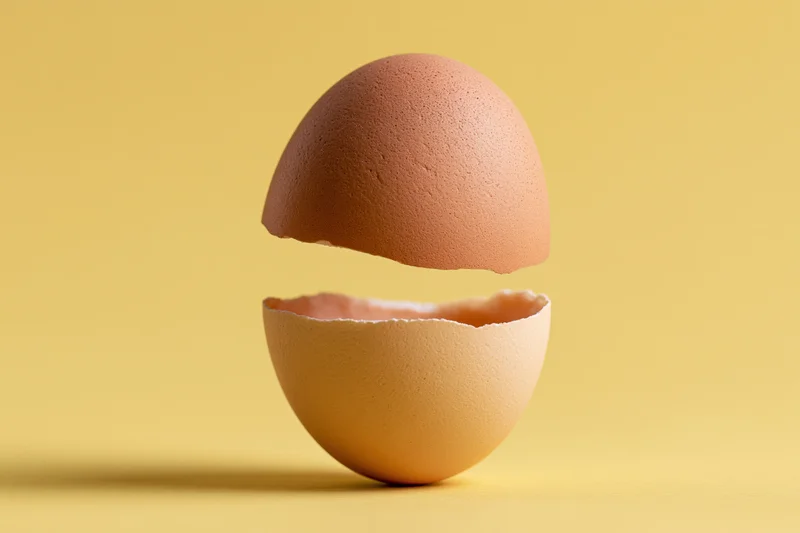 Brown chicken egg cracked horizontally in half with top shell floating above bottom half on yellow surface
