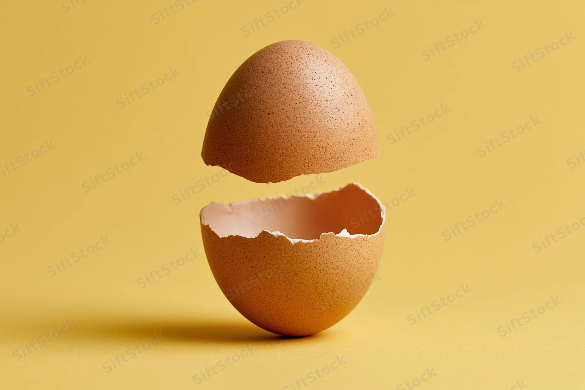 Brown chicken egg cracked horizontally with top half floating above bottom half on yellow background