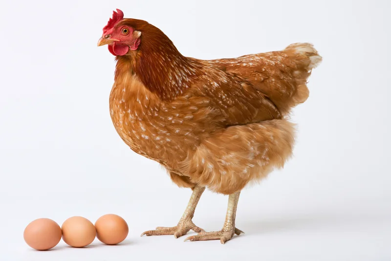 Brown hen standing alert beside three brown eggs on a clean white surface