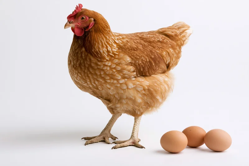 Brown hen standing beside three brown eggs on a white surface