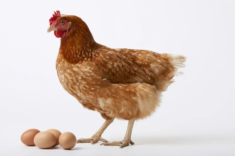 Brown hen standing beside three brown eggs on a white surface