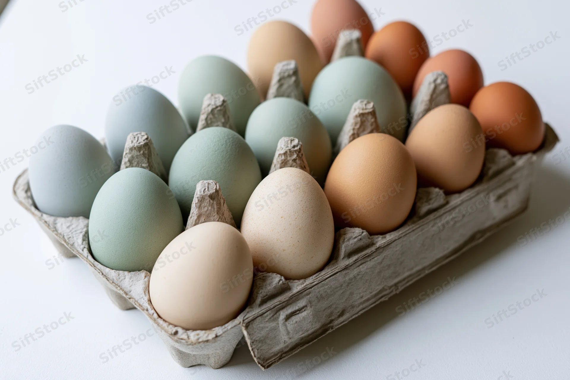 Assorted farm-fresh eggs in a cardboard carton on a white surface