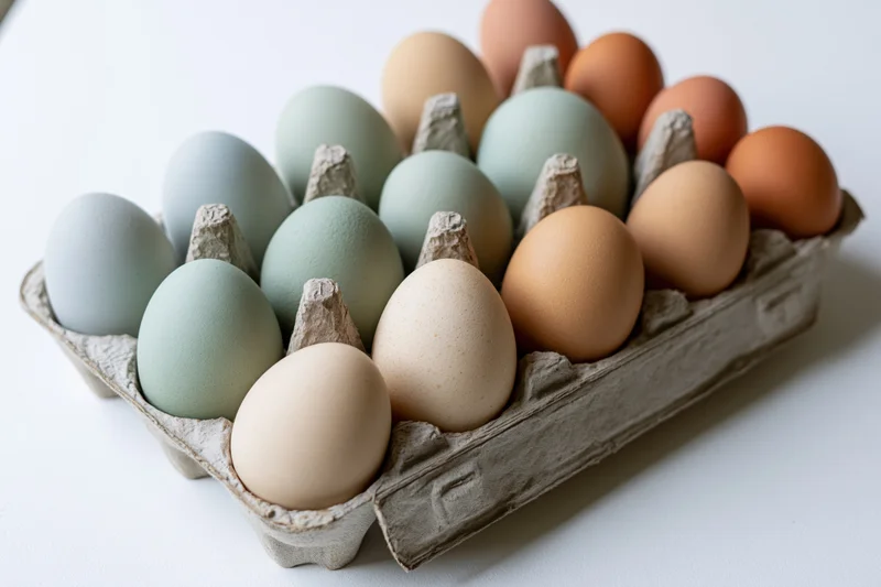 Assorted farm-fresh eggs in a cardboard carton on a white surface