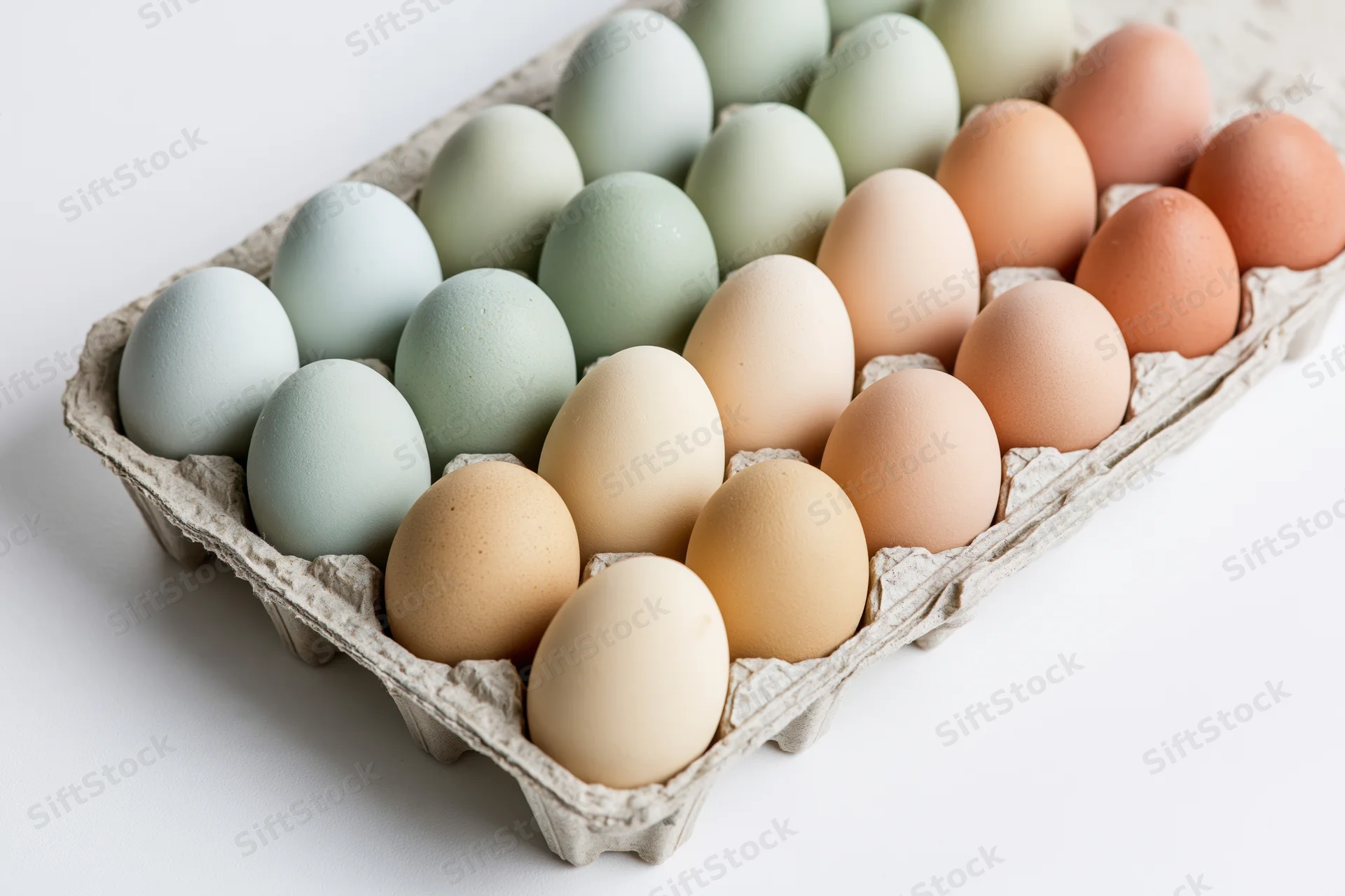 Assorted farm-fresh eggs in a cardboard carton arranged in rows on a white surface