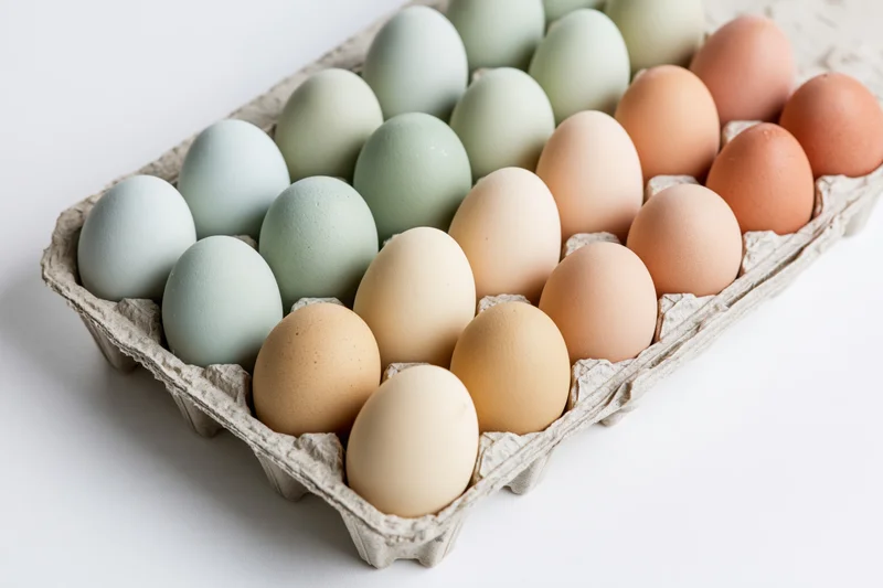 Assorted farm-fresh eggs in a cardboard carton arranged in rows on a white surface