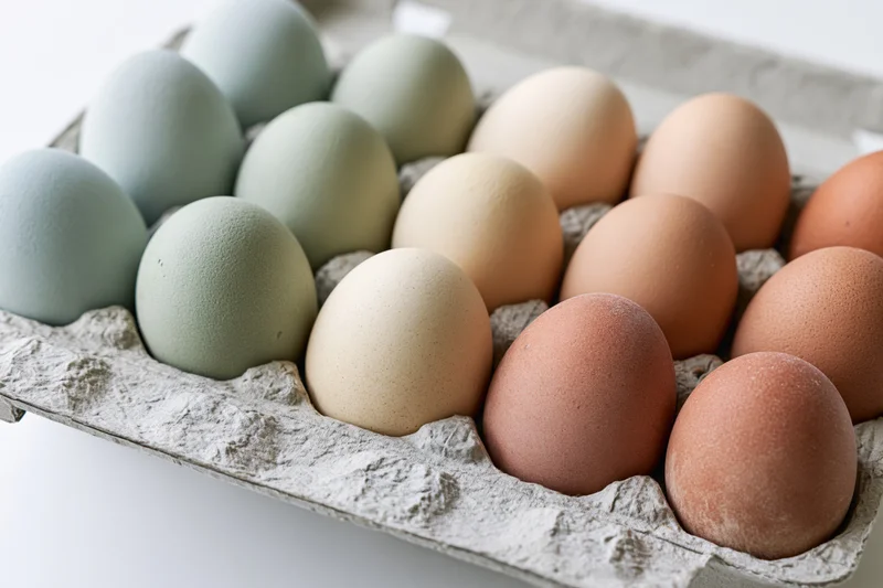 Assorted farm-fresh eggs in a cardboard carton arranged by color gradient