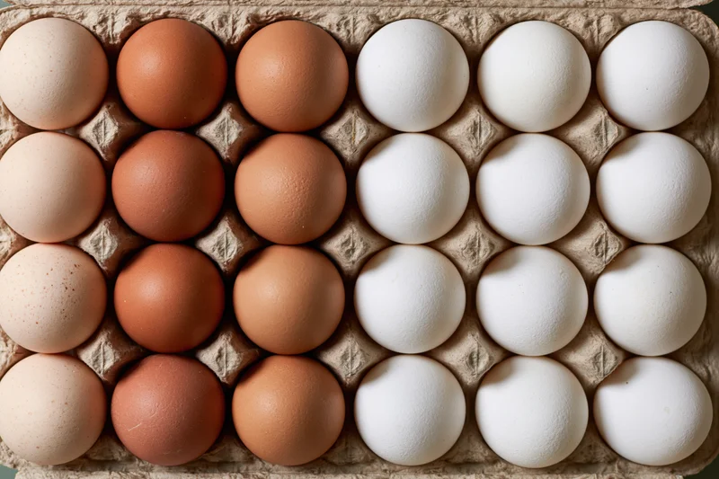 Brown and white eggs arranged in rows in a cardboard tray