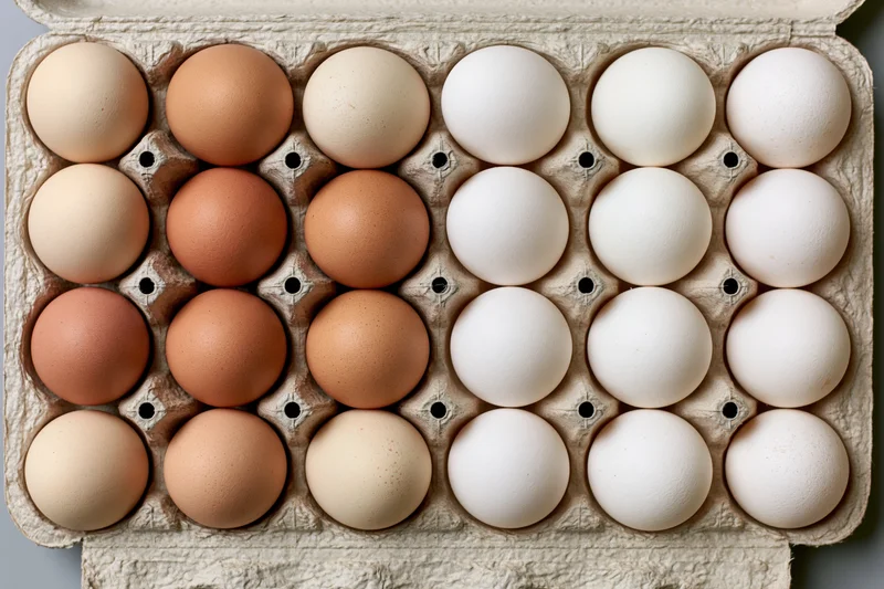 Cardboard egg tray holding brown and white eggs arranged in rows