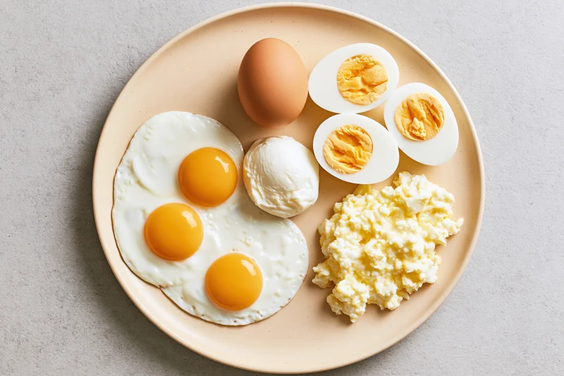 Ceramic plate with five different egg preparations arranged on a neutral surface