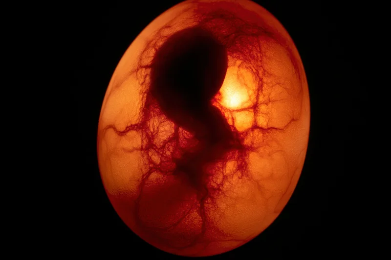 Fertilized chicken egg being candled with backlight revealing embryo and blood vessels