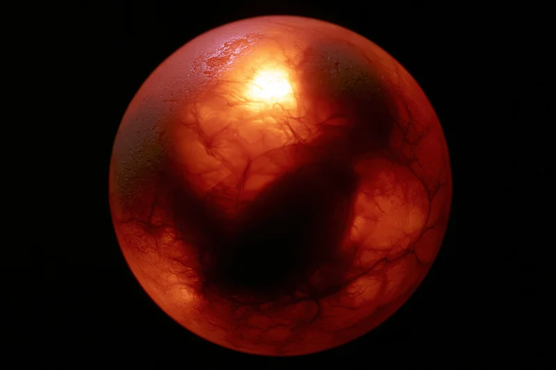 Fertilized chicken egg being candled with backlight revealing internal embryo and blood vessels