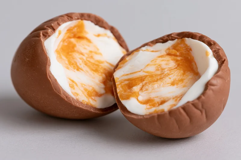 Chocolate cream egg split in half with both halves facing upward on a plain surface