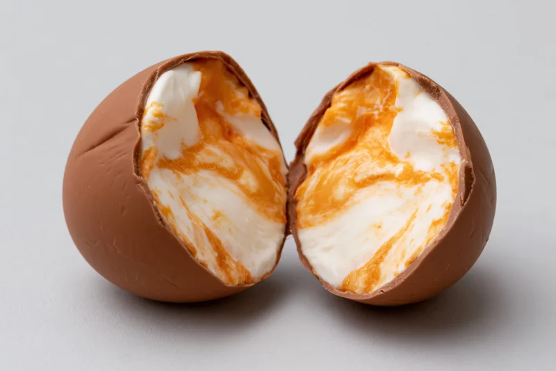 Chocolate cream egg split in half with white and orange swirled filling facing upward on plain surface